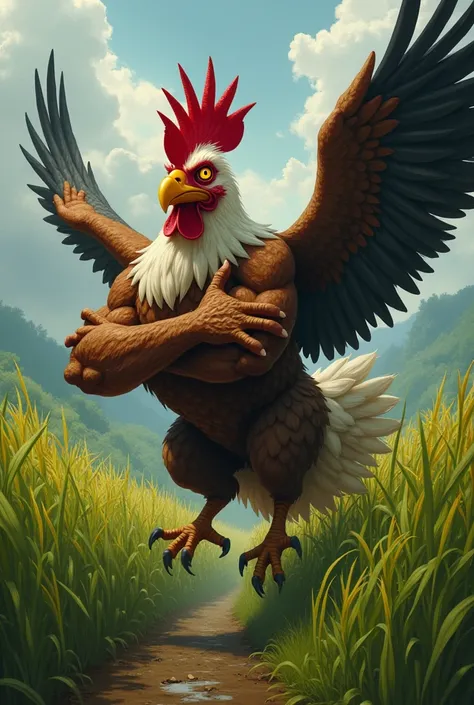 Disney poster Chicken has a red and white burly hand with flaming eyes is strangling an eagle and being tormented in a rice field 