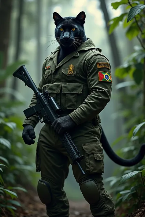 Draw a black panther ,  standing like a Brazilian soldier ,  wearing an Amazonian camouflage military uniform,  with the Brazilian armys coat of arms on her chest .  She holds an IA2 ,  positioned in a dense forest ,  assault weapon filled with tall trees ...