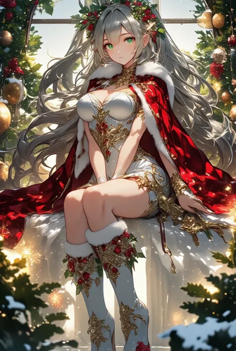 Intricate Anime illustration, Lirien, an elegant elven maiden, Christmas Babe, radiates holiday cheer with her ethereal beauty. Her long, flowing silver hair is adorned with delicate holly and mistletoe, and her emerald green eyes sparkle with warmth. She ...