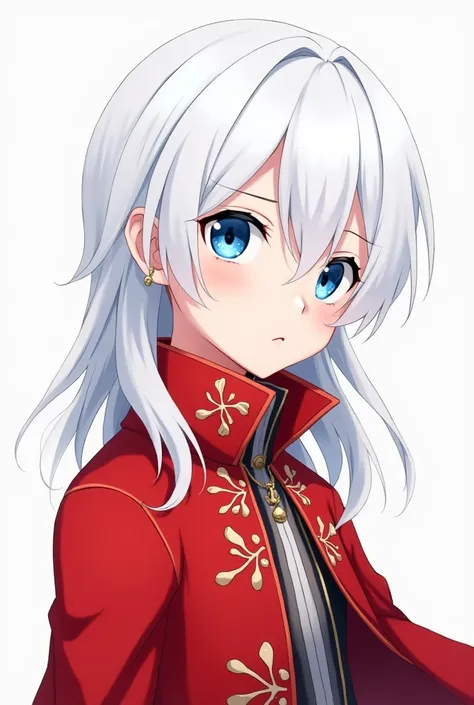 A white-haired boy with blue eyes red coat anime version White background 
