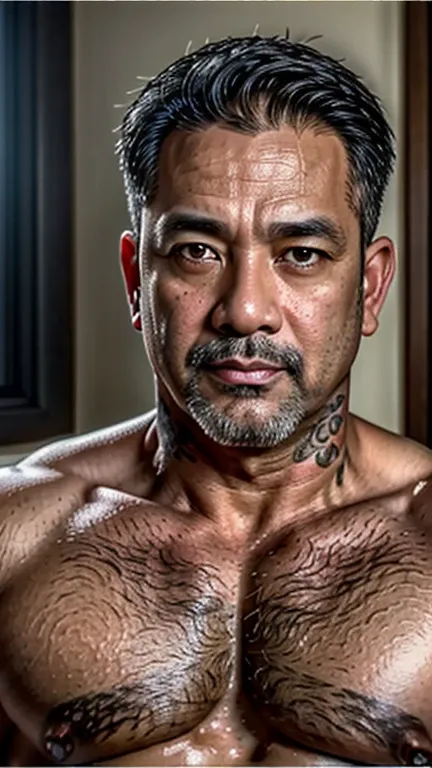 (best quality,4k,8k,highres,masterpiece:1.2),ultra-detailed,(realistic,photorealistic,photo-realistic:1.37),portrait,middle-aged man,asian,brown,chubby,muscular,50 years old,father,dadbod,shirtless,hairy chest and abs,tattoo on his chest "ACAB" "1312" smar...