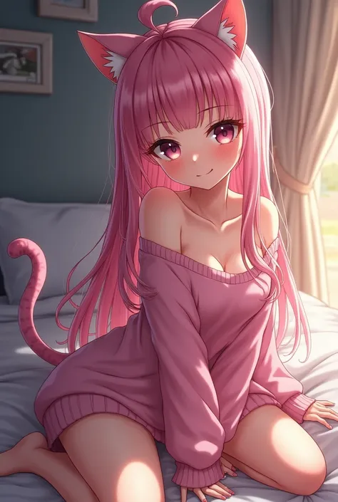 Sexy anime cat girl with panties and pink sweatshirt