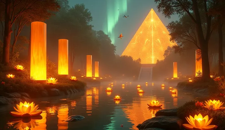 
 3 yellow roses ,  at night,  7 orange water lilies fluorescent above the water ,  at night,  in the background 5 pyramids of orange glass ,  7 large candles of yellow light ,  in a forest ,  In the background a small orange waterfall ,  at night,  aurora...