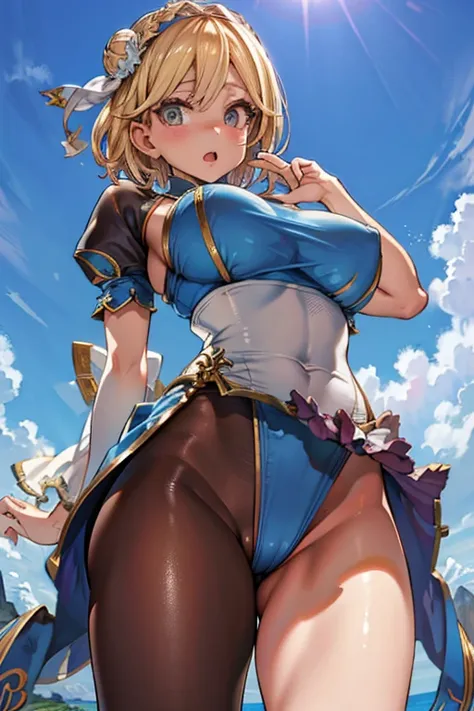 (extreme close-up of thigh), (The view is from very close below:1.5), Pushing hips forward,　looking down ,looking at viewer,　(upper body:1.2),
(leg up:1.2), (standing on one leg:1.2), panties, cmeltoe ,
djeeta,Zeta, one girl , shorthair, headband,　 Brown E...