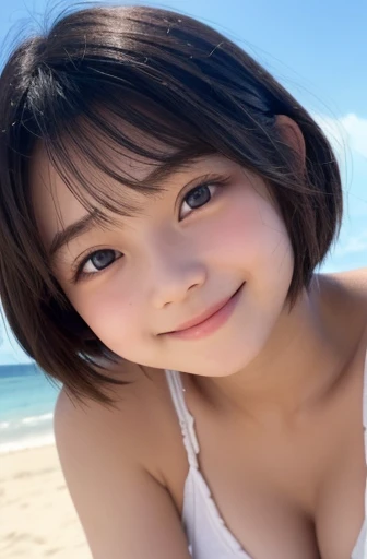  red cheeks 、shy、Light clothing、  sandy beach、   pretty girl 、cute、  shorthair、20 years old、Round face、smile、 Her breasts are large 、   beautiful eyes 、  black hair 、  Gentle Eyes  