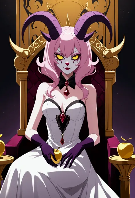 Lilith hazbin hotel , light pink skin , yellow sclera , light purple eyes , sitting on the dark throne , long white dress, dark clown with horns , dark violet gloves . In the hands golden apple has a name  " The devil of royalty" .