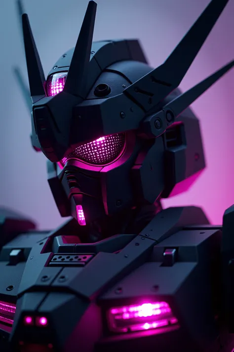 Black gundam robot, purple neon interior lights, pink color reflected armor, high detail gundam robot face, full body view, holographic artefacts, every part extremely detailed, high quality, Masterpiece, Best Quality, Award Winning, High Details, Super De...