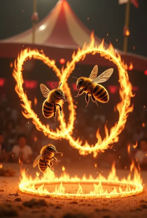 Spectacle dans un cirque de trois abeilles passent dans des cerceaux de feu 