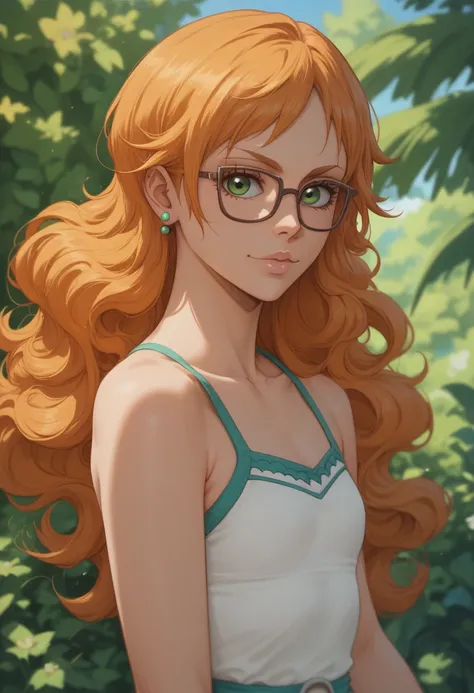 Nami (One Piece) with long orange wavy hair and large green eyes. Brown glasses. Loli flat chest with casual outfit. (Bleach art style)