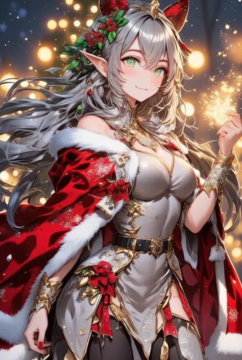 Intricate Anime illustration, Lirien, an elegant elven maiden, Christmas Babe, radiates holiday cheer with her ethereal beauty. Her long, flowing silver hair is adorned with delicate holly and mistletoe, and her emerald green eyes sparkle with warmth. She ...