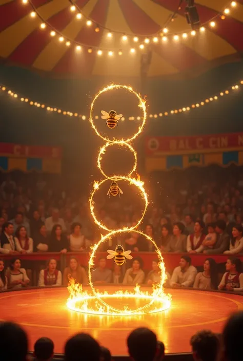 Spectacle dans un cirque de trois abeilles qui passent dans des cerceaux de feu 