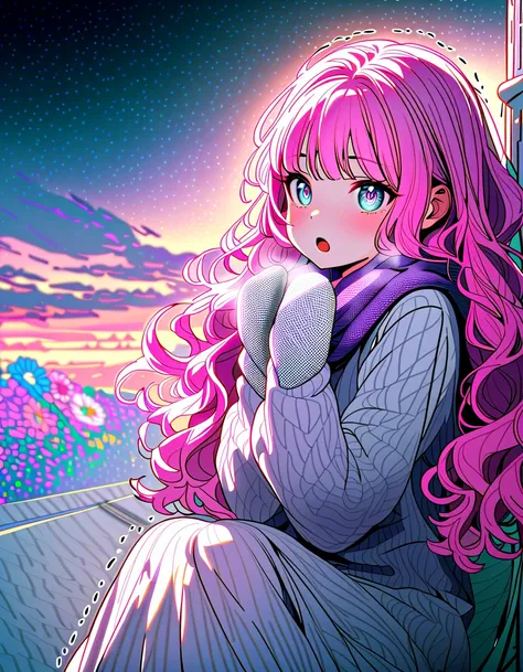 (In 8K, Best Quality, Master Piece: 1.2), Ultra High Resolution,1 girl,solo,15yo,ultra-detailed face, detailed eyes,Putting on white woolen gloves,Feeling a chill down one’s spine,heavy breathing,open mouth,(trembling:1.2),pink hair,wavy hair,long hair,(Co...