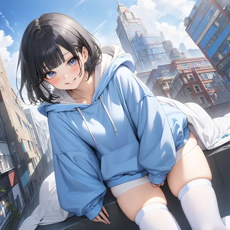  one high school girl、smile、,blush、Short black hair、( flat chested;1.5)、 oversized hoodie、Thighs、Moe sleeves、,(white thigh high:1.5)、blue sky、Building district、whole body、( perfect anatomy ),( best quality), ( ultra hi-res), ( high definition ), (超 high de...