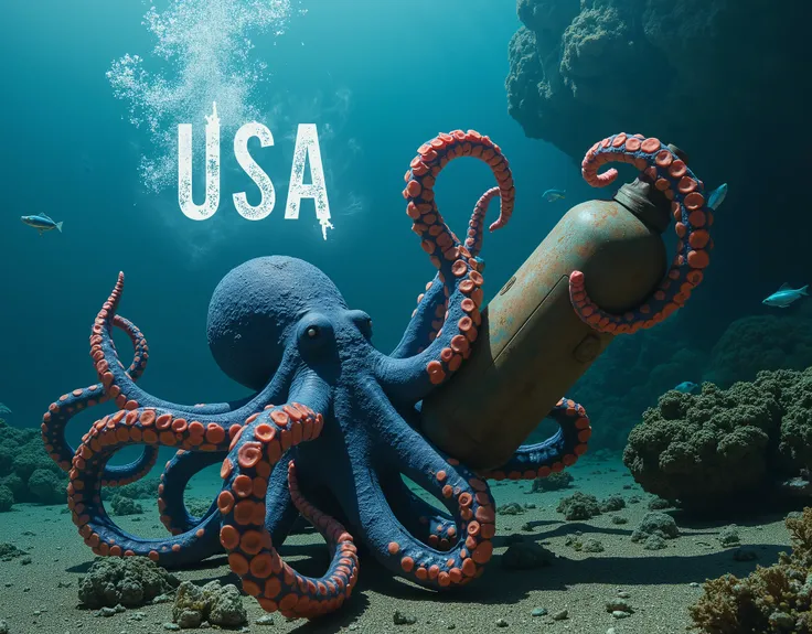 sul fondo del mare cè una piovra /(i tentacoli a strisce blu e rosse, il corpo blu con stelline bianche)/. Tra i tentacoli tiene alcuni pesciolini blu che tentano di scappare. La piovra è aggrappata ad una bomba arrugginita.The word "USA" written in large ...