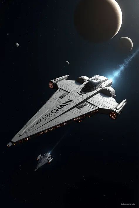 A cool star ship from the future explores the vastness of space, with planets flying nearby.
On the ship there is a bold inscription "rise chain"