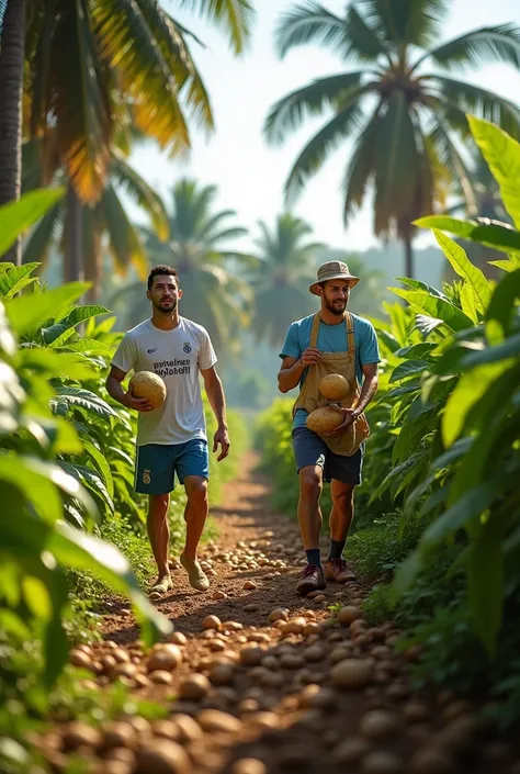 Cristiano Ronaldo and Lionel Messi are pulling cassava in the field with cassava farmers. with lots of cassava trees, and there are coconut trees.