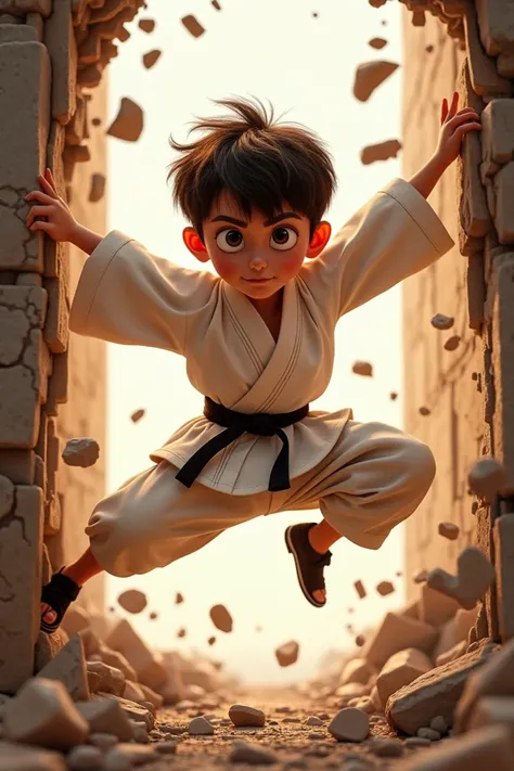 Creat a poster from a Disney Pixar movie named "EDY". I  the poster is a 20 years old, boy who is dress with a Taekwon-do Kimono. He is break wood and a wall in the same time in the air. He has lite brown hair and hazel eyes. THE MOVIE NAME IS "EDY" 