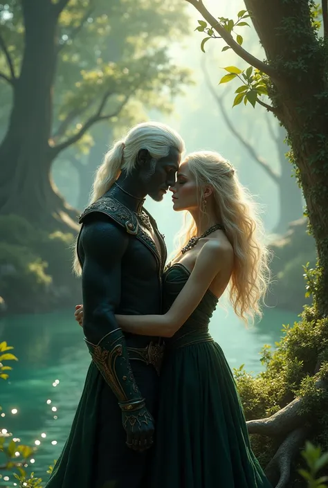 A fantasy couple: a male drow with white hair and dark skin, look alike a young robert downey jr and a female half-elf with blonde hair look alike margot robbie