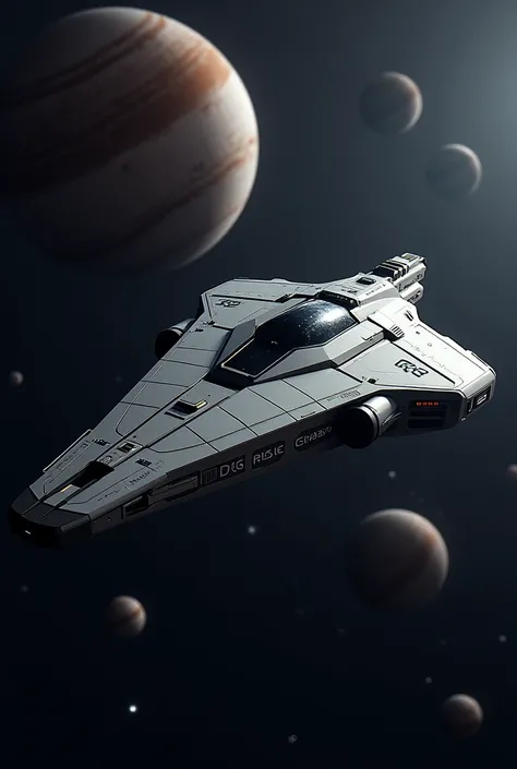 A cool star ship from the future explores the vastness of space, with planets flying nearby.
On the ship there is a bold inscription "rise chain"