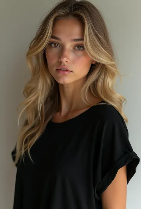  pretty girl , with long blonde hair, and large breasts.  with brown eyes , and black oversized t-shirt