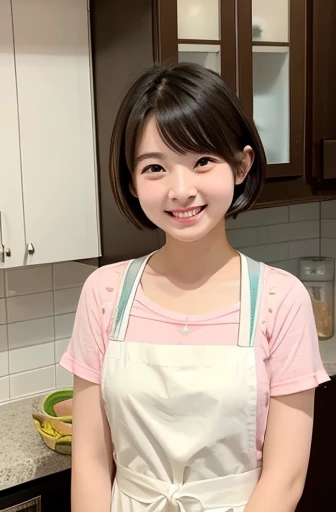   pretty girl   、 shorthair、smile、shy、cute、kitchen、Apron appearance、 clear 、20 years old、Light clothing、enjoy