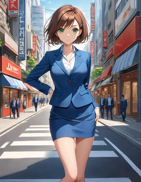 Masterpiece, best quality, high res, 8k, solo, solo focus, 1 girl, brown hair, Bob hair, green eyes, blue skirt suit, pencil skirt, miniskirt (bare legs: 1.4), red high heels, hands on hip, ready to spin. city street