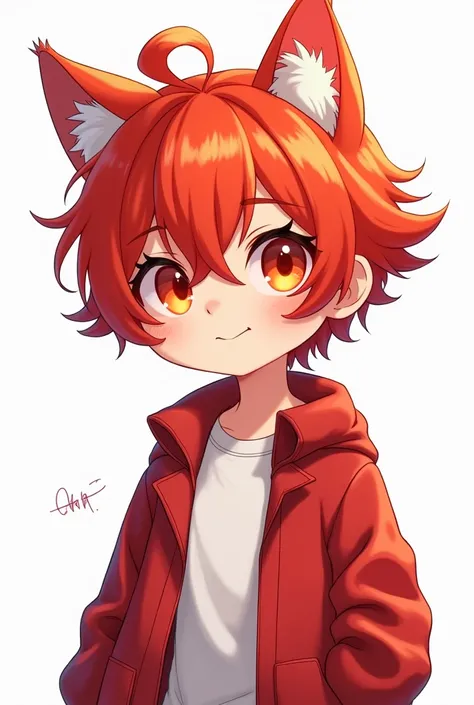 Draw half body cartoon male character red hair eye color red mixed with yellow with cat ears with red jacket with white shirt underneath white shirt white background platinum lock in hair without talons background without human ears