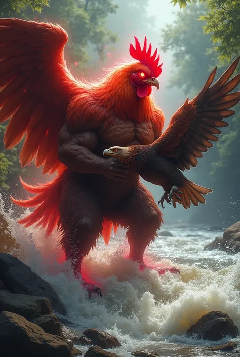 The chicken had a red aura and had burly hands was strangling an eagle in the river