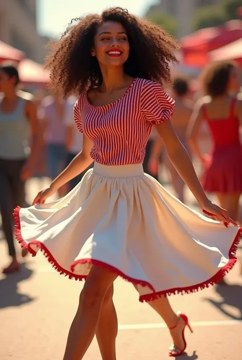 Create a curly-haired brunette woman , nails and red lipstick ,  red and white striped shirt,  white skirt and high heels , dancing 