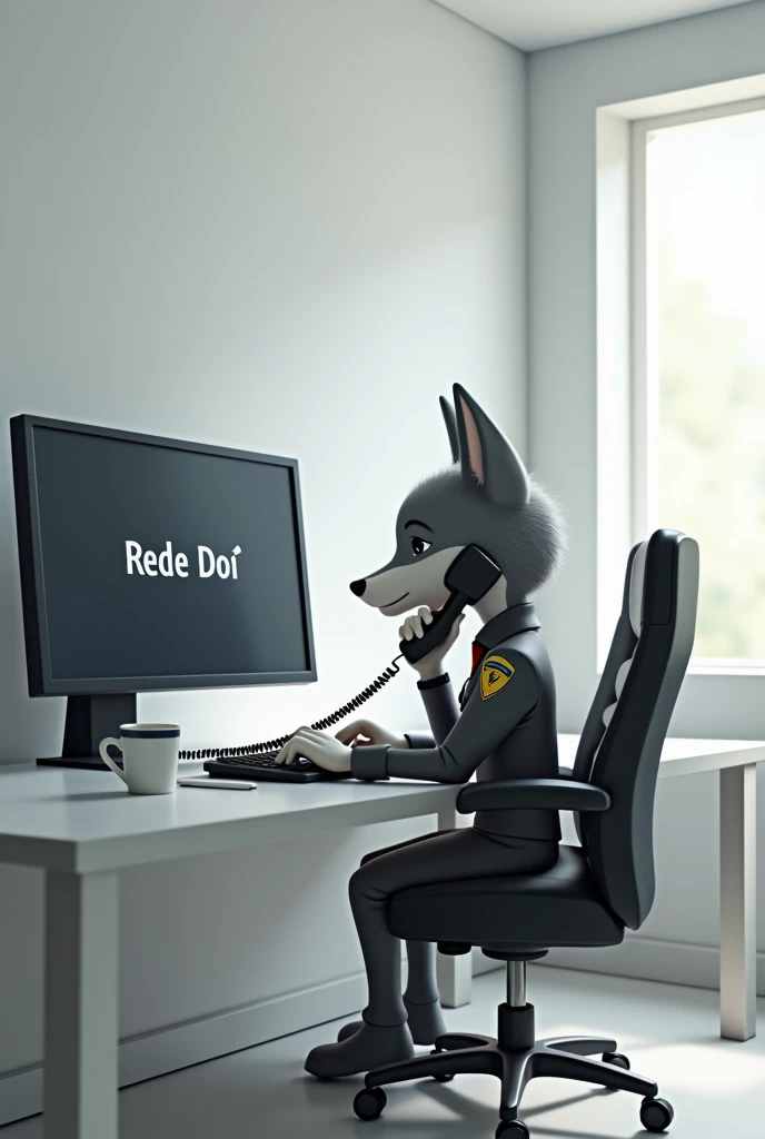 Little wolf in gray uniform sitting at the computer talking on the phone at an office desk white room on the computer screen written REDE DOR