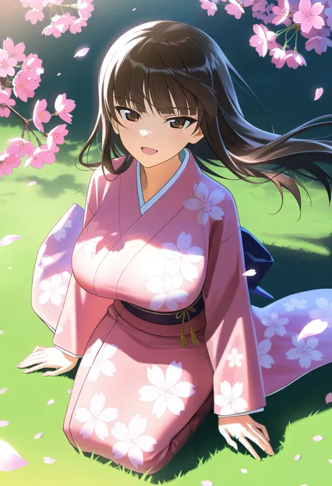 masterpiece, best quality, amazing quality, very aesthetic, absurdres, newest, scenery, 1girl,nishizumi shiho, girls und panzer, solo, fine wrinkles, huge breasts,  kimono, floral print, grass, long hair, :d, looking at viewer, petals, pink kimono, outdoor...