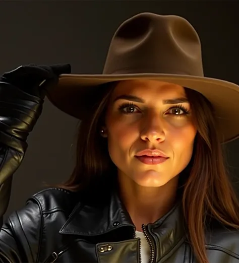 a sexy woman with long hair wearing a fedora and leather jacket