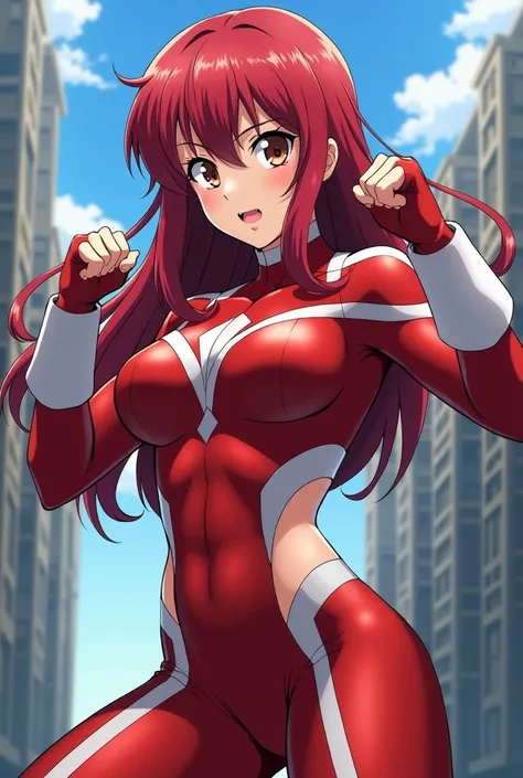  My Hero Academia style ,   anime girl , woman, young woman ,  full body shot ,( Fighting Stance :1.3),Long Hair,  red hair,   brown eyes , hero suit, Full Body Suit,  red suit with white details, perfect anatomy,  enhanced abs , super detailed,(building:1...