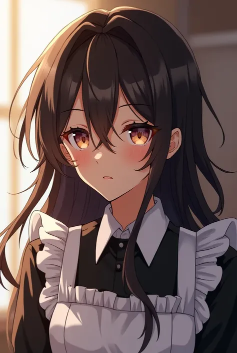 anime, boy, pretty, brown skin, long hair, flush, maid, black eye, sharp eye