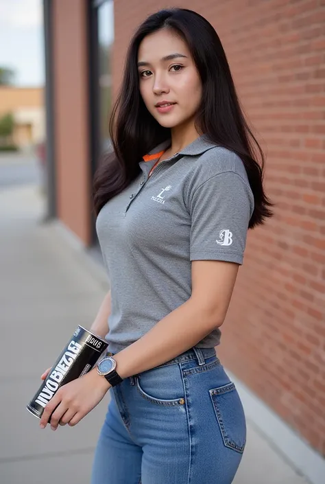 Beautiful woman with long curly hair, good figure wearing a gray polo shirt, orange collar, white LONGBEACH lettering logo on the left chest, wearing jeans, raising her right hand up around her chest, in her hand holding a long cylindrical PET bottle with ...