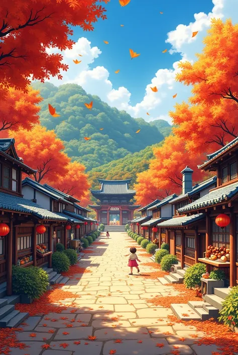 a panoramic view of a picturesque Japanese town in autumn, showcasing vibrant red, orange, and yellow leaves falling from trees, creating a colorful carpet on the streets, traditional wooden buildings basking in warm sunlight, ginkgo and maple trees lining...