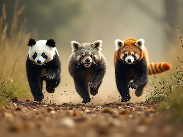 Wild animals compete by sprinting across the earth、Baby Panda、koala、Red Panda、3 people are running in a row、