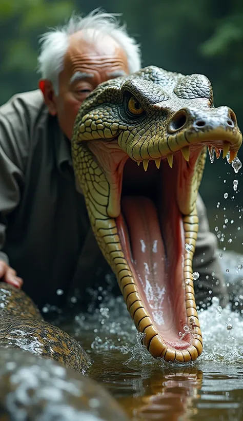  attacking a Japanese 80-year-old grandpa fighting face to face with a giant 3-meter-long anaconda　 Grandpa wins battles by punching and kicking a giant 3-meter-long anaconda 　 high definition ,  top quality,  High Details ,  very detailed,  real　Anacondas...