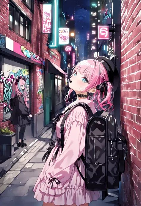 (hatsune miku:1.2), (gleaming skin, shiny skin:1.4), (pink colour in hair:1.4), (black cat ears hat:1.2), (black mouth mask:1.4), (black oversized hoodie:1.2), (jirai kei, pink shirt, long sleeves:1.4), (black choker:1.0), (pink hair ribbon:1.4), (black ba...