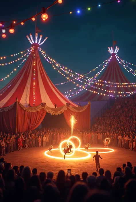 Nous sommes dans un cirque, il fait nuit et la salle est éclairée par pleins de guirlande lumineuse et colorées.
Un spectacle se déroule et tous les spectateurs ont les yeux rivés dessus. Au centre de cette intention, un spectacle de puces qui sautent dans...