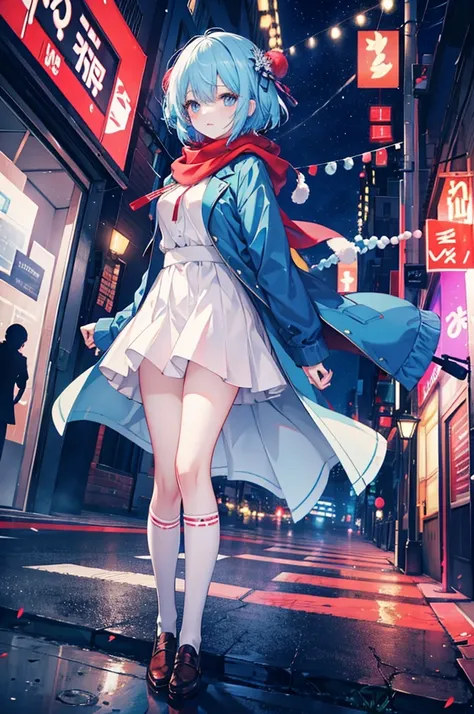 "An anime-style girl with short blue hair wearing a white long coat, a red long skirt, and knee-high socks. The background is a street decorated with colorful illuminations, creating a festive and magical atmosphere."