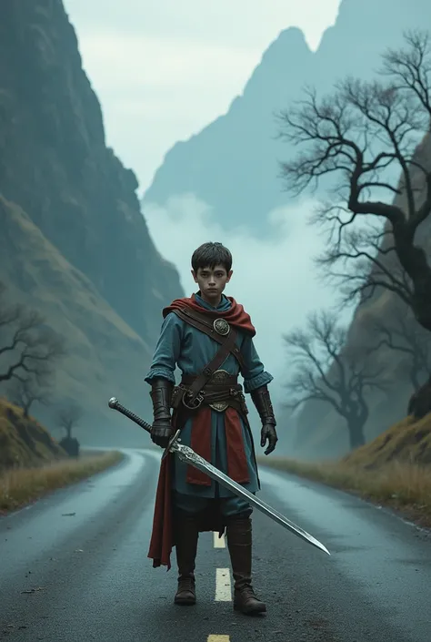 a young swordsmen standing in the middle of road in fantasy world