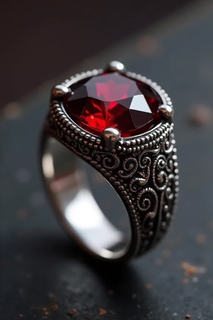 Rare silver ring for men with faceted garnet