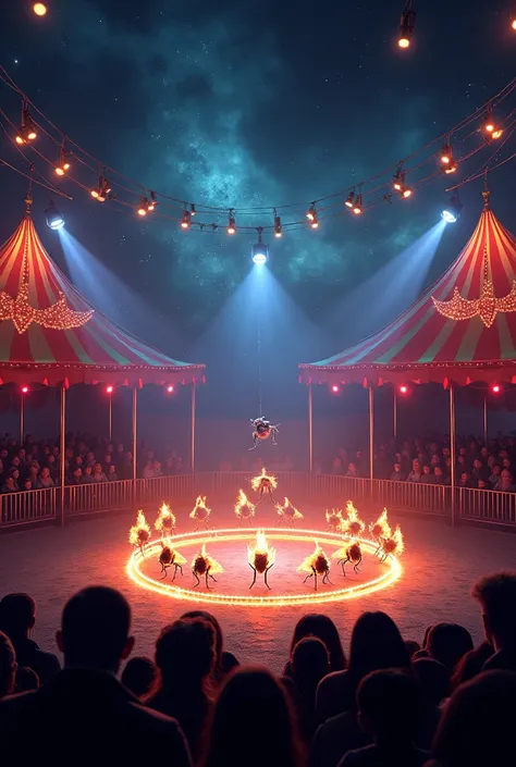 Nous sommes dans un cirque, il fait nuit et la salle est éclairée par pleins de guirlande lumineuse et colorées.
Un spectacle se déroule et tous les spectateurs ont les yeux rivés dessus. Au centre de cette intention, un spectacle de puces qui sautent dans...