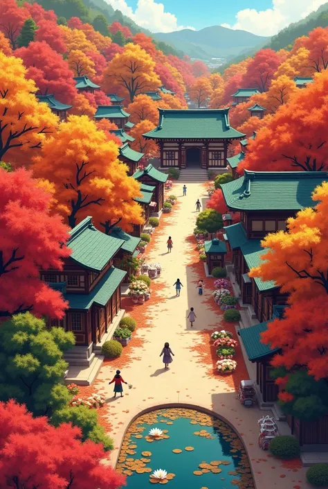 an aerial view of a picturesque Japanese town in autumn, showcasing vibrant red, orange, and yellow leaves covering the trees, creating a colorful patchwork on the streets below, traditional wooden buildings nestled among the foliage, ginkgo and maple tree...