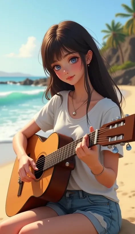 Prompt:

A young woman with long, flowing dark brown hair and soft bangs, sitting by the beach during a sunny day. She has fair, smooth skin and large, expressive blue eyes. She is wearing a casual white T-shirt and a delicate necklace, while gently playin...