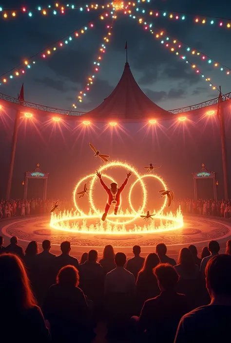 Nous sommes dans un cirque, il fait nuit et la salle est éclairée par pleins de guirlande lumineuse et colorées.
Un spectacle se déroule et tous les spectateurs ont les yeux rivés dessus. Au centre de cette intention, un spectacle de puces qui sautent dans...