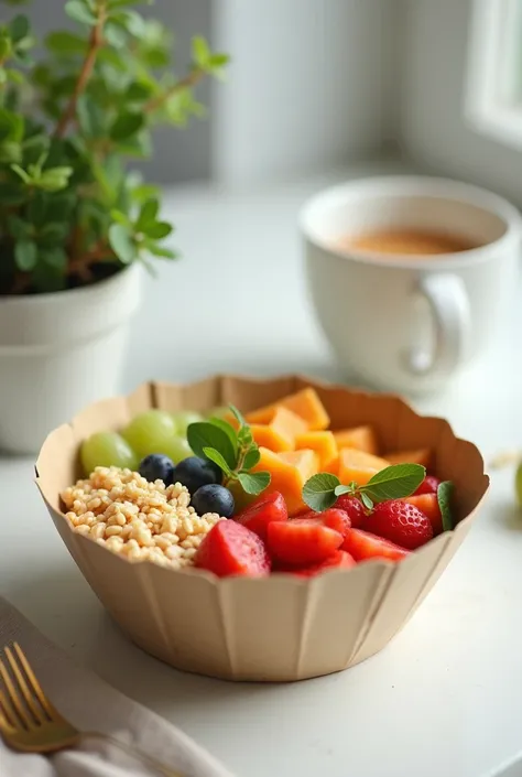  create a bowl of healthy food but one that can be eaten on the street quickly. Just the bowl on a table .  Let the bowl be disposable and say  "healthy breakfasts"