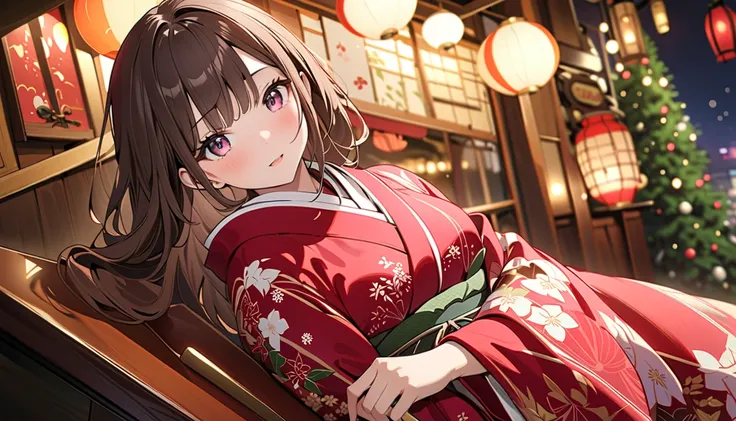 (Highest quality, 4K, 8k, High resolution, masterpiece:1.2), Very detailed, Picturesque, Anime style photo, Photo Anime:1.37)、A beautiful Japanese woman, kimono, 
brown hair, christmas night cafe, whole body