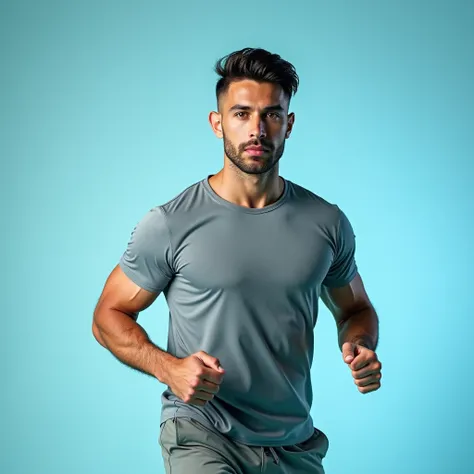 i need to beginner level workout  image and it should be specific background color. light gradient blue  and images should be realistic model. and model should be men give me  image. 